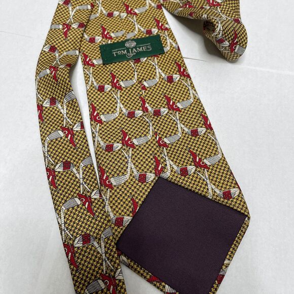 Tom James Men's Golf Tie 100% Silk Gold Houndstooth Pattern - Picture 3 of 7